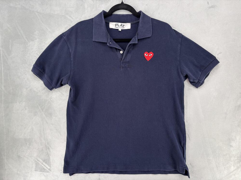 Comme Des Garçons Polo Shirt Mens XL Blue Play Heart Logo Cotton Pique Japan